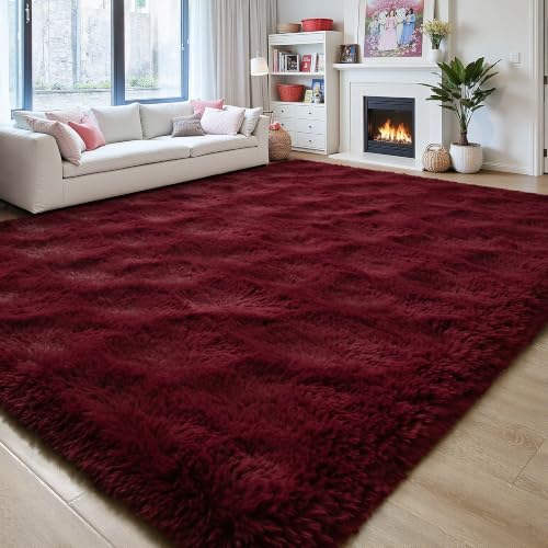 Wine Red 8x10 Burgundy Plush Area Rug - FALARK Large Non-Slip Shag Carpet