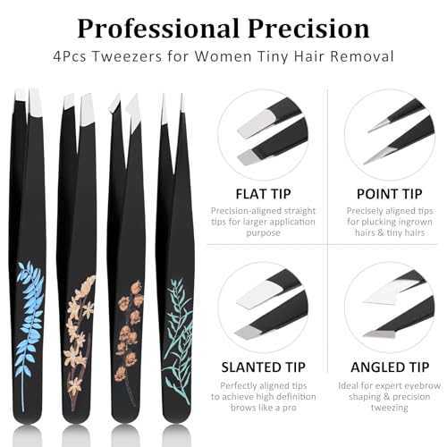 Personalized Tweezers Set for Women Facial Hair in Floral Travel Case, Small Self Care Thoughtful Easter Basket Stuffers Gifts for Her Friend, Eyebrow Ingrown Hair Splinter Removal Grooming Kit Tiger