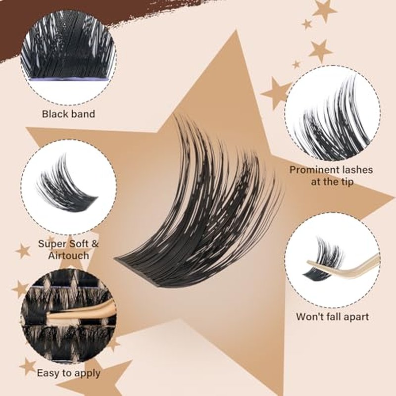 JMS&JMS DIY Lash Extension Kit Lash Clusters Kit 200D D Curl Individual Lashes Eyelash Extension Kit 182pcs Thin Band Cluster Lashes Lash Bond and Seal Tweezers Easy to apply