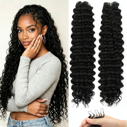 LYCSOU 18 Inch Curly Feather Crochet Hair - 100 Strands, Deep Wave, Knotless, 200g, Black Women Protective Style