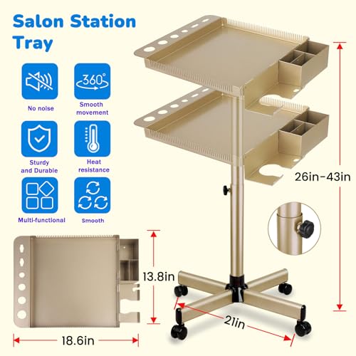 Qinrunkoi Gold Salon Rolling Tray with Adjustable Height for Hair, Tattoo & Dental Use