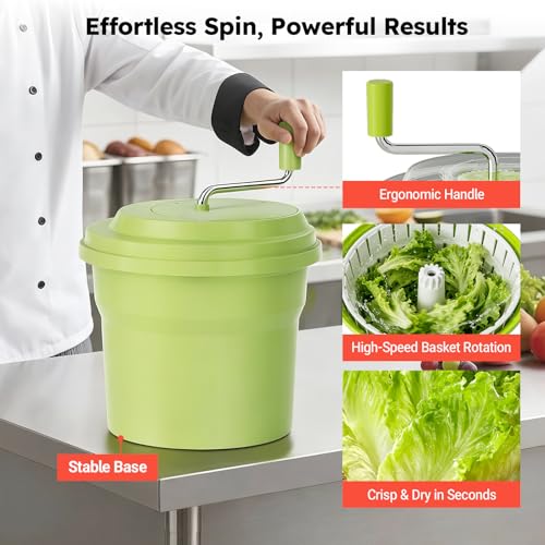 Green 2.5 Gallon Commercial Salad Spinner - Heavy Duty Vegetable Dryer with Ergonomic Aluminum Handle