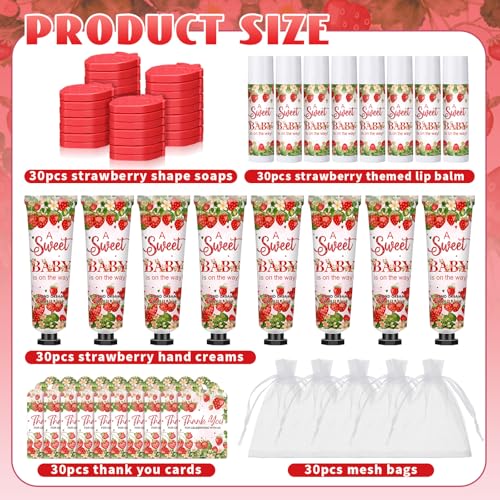 Loopeer 30 Set/150 Pcs Strawberry Baby Shower Favors for Guests Gifts Hand Cream Lip Balm Soap Party Favors Gifts Travel Size with Organza Bags, Thanks You Card for Baby Shower Birthday Wedding