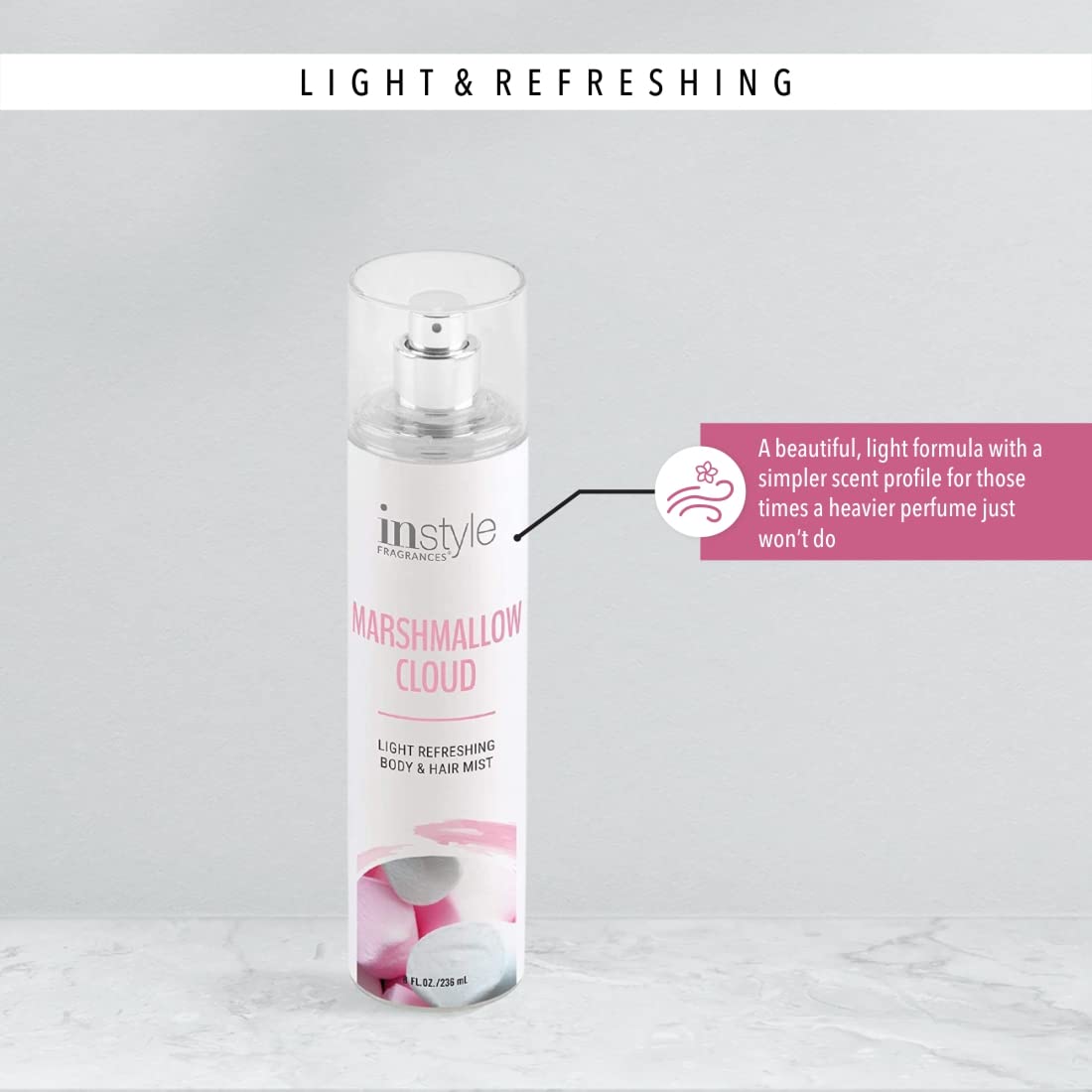 Instyle Fragrances | Body & Hair Mist | Marshmallow Cloud Scent | With Panthenol | CLEAN, Vegan, Paraben Free, Phthalate Free | Premium 8 Fl Oz Spray Bottle