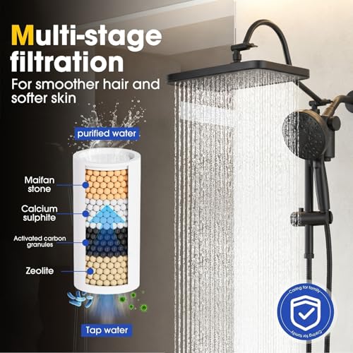 Black 12-Inch Rain Shower Head with Handheld & Filters - Luxury Spa Experience