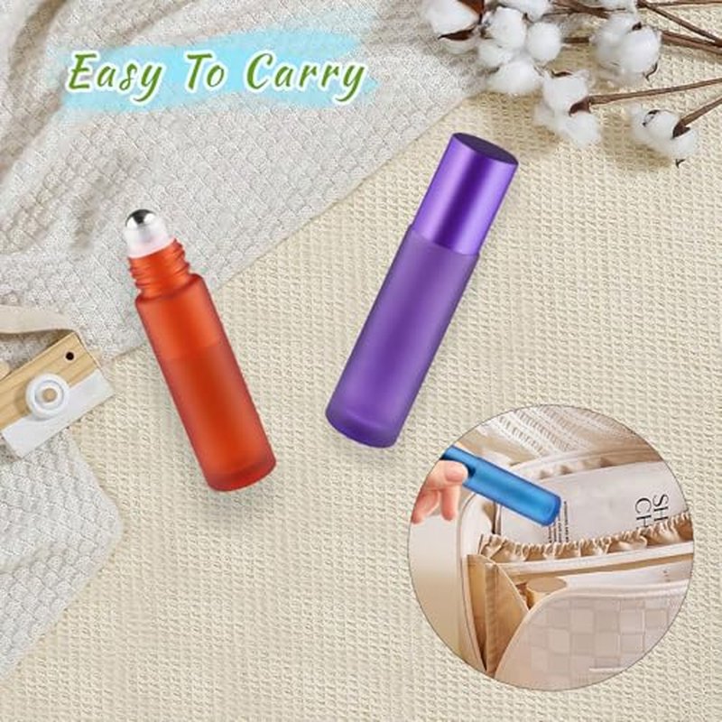 20 Pcs 10ml/0.34oz Frosted Glass Bottle Refillable Roller Bottles with Stainless Steel Roller Balls & Aluminum Screw Caps for Perfume Essential Oil Lip Gloss Travel - Multicolor