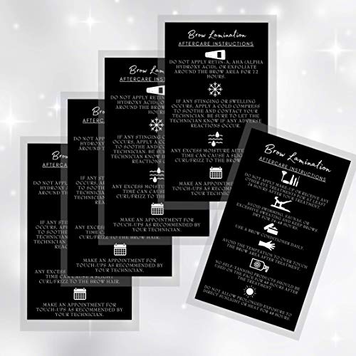 Brow Lamination Aftercare Instruction Cards | 50 Pack | 2x3.5¡± inches Business Card Size | Starter Lift Kit At Home DIY Brow Lift and Tint | Snatched Brows Black with White Icons Design
