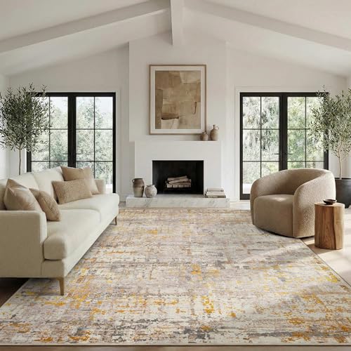 8x10 Beige Gold Modern Abstract Washable Rug for Living Room - Rugxara