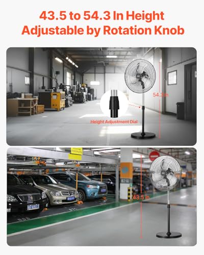 VEVOR 20 Inch Industrial Pedestal Fan Black, 90° Oscillating, Height Adjustable, 3 Speed Floor Fan for Warehouse & Garage