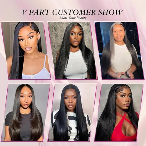 V Part Human Hair Wig 22 Inch Straight No Leave Out No Sew for Black Women - 1B