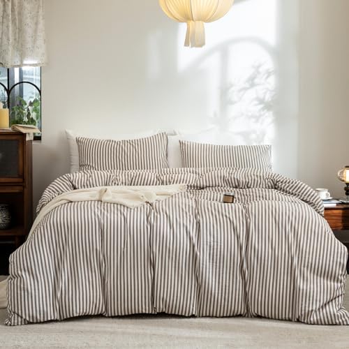 Striped Cotton Linen Feel Duvet Cover Set King Cocoa Brown Variation