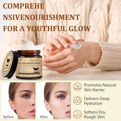 ELBBUB Whipped Tallow Face & Body Moisturizer 4.2 Fl Oz Pack of 2 - Natural Honey & Beeswax, Unscented, Fast Absorption