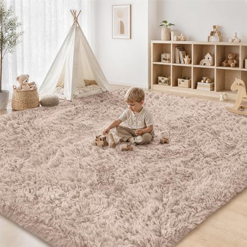 8x10 Beige Shag Area Rug - Ultra Soft Fluffy Bedroom & Living Room Carpet with Non-Slip Backing