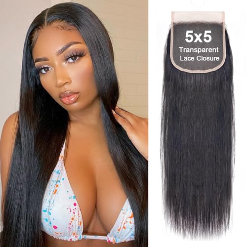 5x5 Transparent HD Lace Closure - Silky Straight Human Hair, Pre-Plucked, 16 Inch