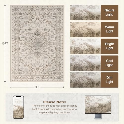8x10 Washable Area Rug for Living Room and Bedroom - Brown Beige, Non-Slip Backing
