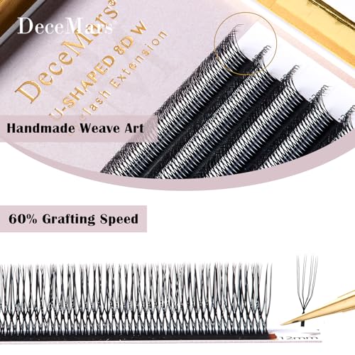DeceMars 8D U Shaped Eyelash Extensions Easy Fans Double Tips 4D Russian Volume Crisscross Eyelashes Natural Soft YY Lash Extensions Handwoven Mesh Wispy Clusters Matte Black-0.07mm-D-8-15mm Mix