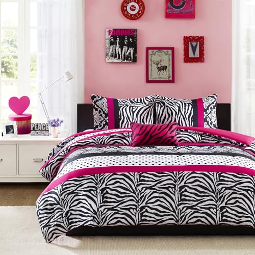 Pink Zebra Twin XL Comforter Set - Polka Dot & Damask Bedding 3pc