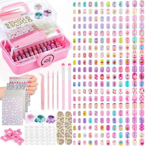 Pink Kids Press-On Nail Art Kit with 480 Fake Nails & Storage Case