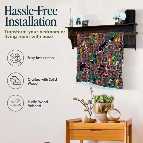Wall Mounted Quilt Rack with Shelf - Solid Pine Wood Blanket Holder Brown - Rustic Farmhouse Decor
