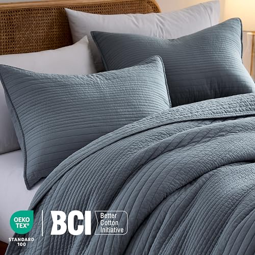 Palassio Blue Grey Striped Cotton Quilt Set California King Bedding with 2 Shams