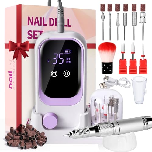 LIMEGIRL Electric File Nail Drill Professional 35000RPM Purple Nail File with Rechargeable Base & Bits Nail Drill Bit Nail Files and Buffers for Acrylic Nail Remove Nail Tech Must Haves for Salon Home