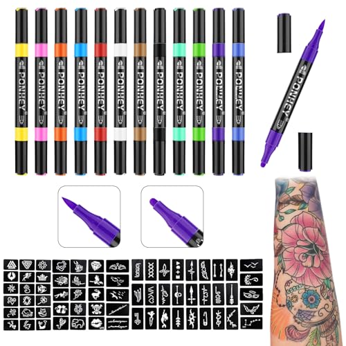 Ponhey Temporary Tattoo Markers for Skin, 12 Body Markers+67 Large Tattoo Stencils,Dual-End Tattoo Pens,Fine Lines with Cosmetic-Grade,Flexible, Skin-Safe Face Paint Kit for Teenage Adults