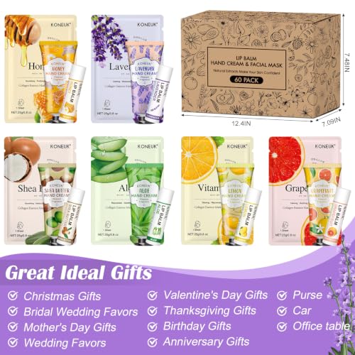 KONEUK 60 Pack Bulk Facial Mask, Lip Balm & Hand Cream Gift Sets for Parties & Weddings