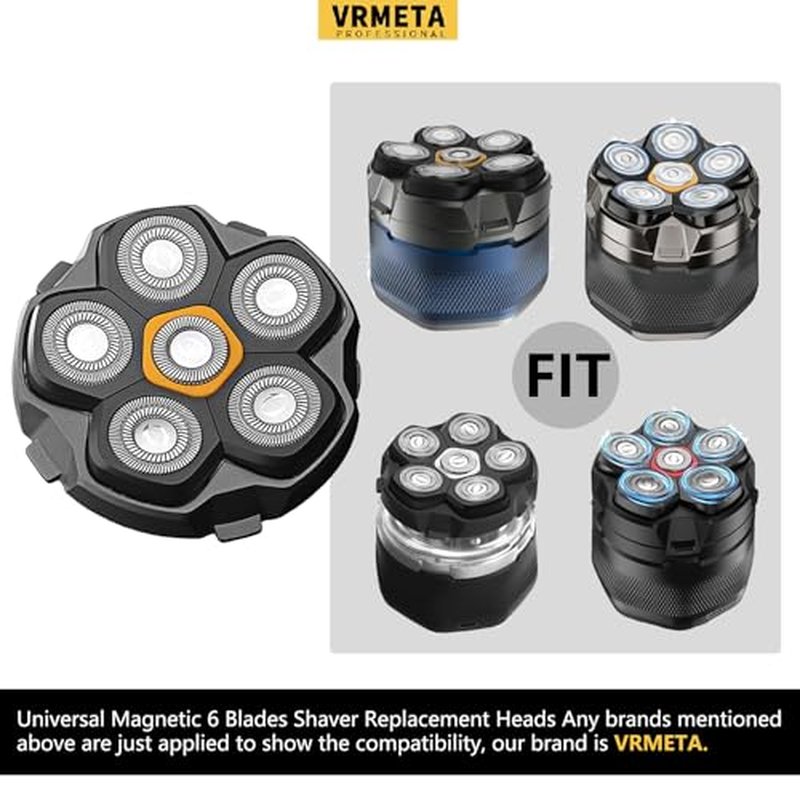 6 Blade Magnetic Replacement Shaving Heads for Bald Men Compatible with All 6D Magnetic Electric Razor (2 PCS VM-072)