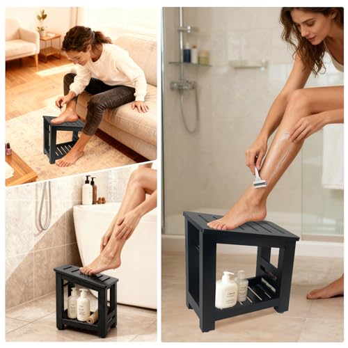 Bamboo Shower Foot Rest Stool for Shaving Legs & Pedicure, Non-Slip Bathroom Foot Step with Storage Pocket, Solid & Water-Resistant,Natural (Black)