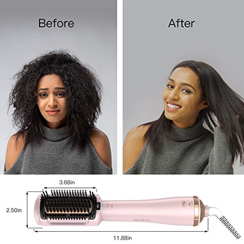 Pink Hair Straightener Brush Dryer - Anti-Scald Ionic & Infrared Styling Tool