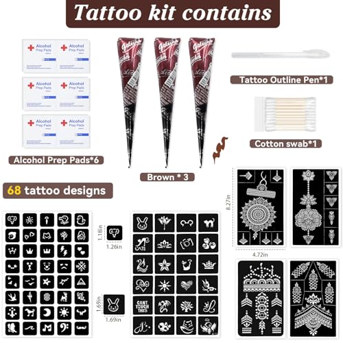 Brown Temporary Tattoo Kit,Temporary Tattoos Stencils Kit (3pcs Brown tattoo cones 6 Reusable Templates 1Pcs Tattoo Outline Pen)£¬ Waterproof,DIY Body Art for Women Men