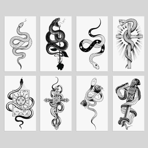 Waterproof Fake Temporary Tattoos Sticker 8 Sheets Small Cute Hand Black Snake Rose Cross Card Knife