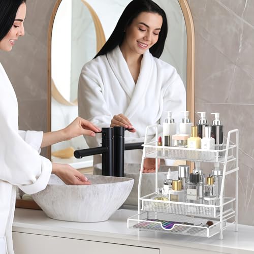LEMIKKLE 2-Tier Bathroom Counter Organizer with Drawers, Multi-Purpose Makeup Organizer Countertop, Large Skincare Organizers, Exquisite Vanity Shelf