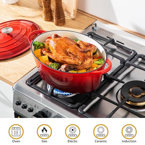 7.5 Qt Red Enameled Cast Iron Dutch Oven with Lid - Multipurpose Cookware