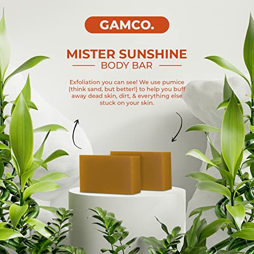 Grown Ass Man Co. Exfoliating Body Bars - Solid Soap with Natural Oils & Gentle Scrub - Plastic Free & Eco-Friendly, Natural & Organic for All Skin, 4oz Bar - Mister Sunshine - Mild Exfoliant, 6-Pack