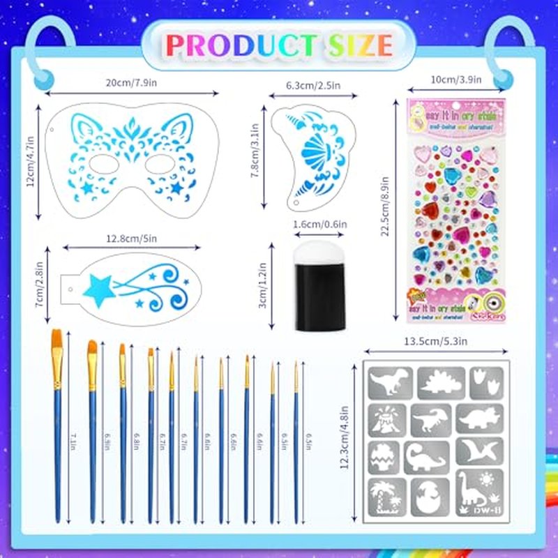 58 PCS Face Paint Stencils for Kids and Adults, 36 Reusable Facial Painting Templates, 6 Sticky Tattoo Stencils, 10 Makeup Brushes, 2 Adhesive Gem Stickers, 4 Finger Sponges for Party Makeup