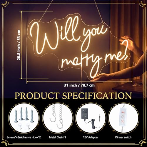 Will You Marry Me Neon Sign Warm White 31x20.9 Inches LED Light Up Letters
