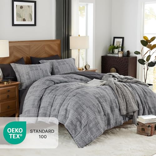 MaiRêve Oversized Queen Comforter Set with Charcoal Grey Crinkle Texture - 7 Pieces