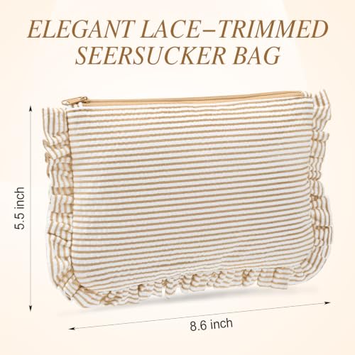 Sanwuta 6 Pcs Seersucker Makeup Bags for Women, Striped Khaki