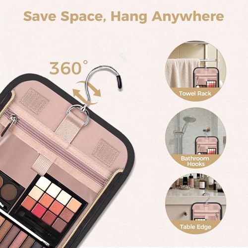 Black Hanging Toiletry & Makeup Bag with Jewelry Organizer - Travel Cosmetic Organizer