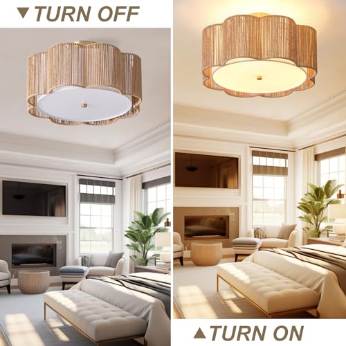 17.7-Inch Rattan Flush Mount Ceiling Light - Boho Farmhouse Drum Chandelier, Yellow, 3-Light