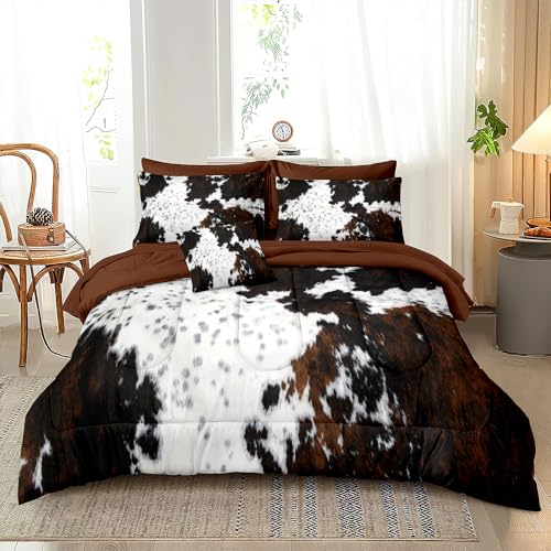 Brown Cowhide Comforter Set Queen - 8 Pieces Western Farmhouse Bedding