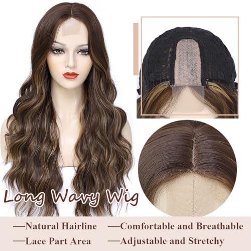 Brown Highlight Wigs for Women 26 Inch Long Wavy Glueless Hairpiece - Variation of 26 Inch / Brown Highlight