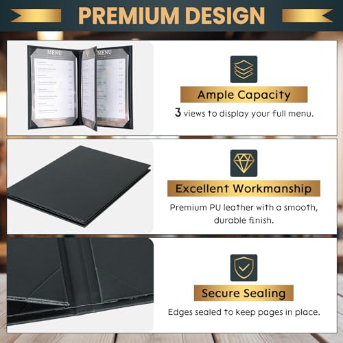 AMGSH 4 View Black Menu Covers 8.5 x 11 Inches - 10 Pack for Restaurants & Cafes
