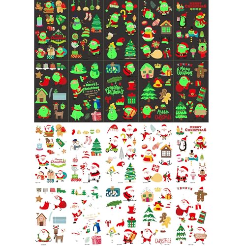 Luminous Christmas Temporary Tattoos 10 Sheets, 120 Pcs Glow in the Dark Xmas Body Stickers, Waterproof Holiday Decorative Tattoos, Party Decoration Accessories