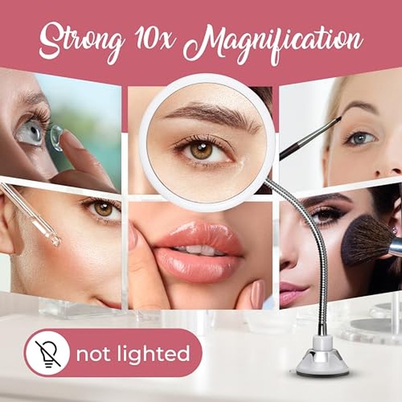 Flexible Gooseneck Makeup Mirror - 10X Magnifying, 360¡Æ Swivel, Adjustable Suction Cup - Stick On Table or Wall for Vanity and Bathroom Use - 6.7 x 6.7 Inch (Round)