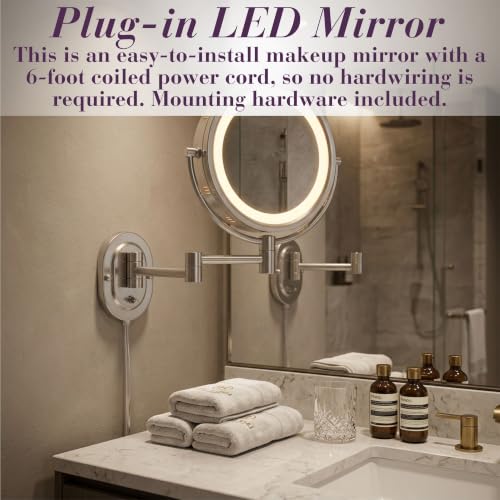 JERDON Lighted Wall-Mount Makeup Mirror - 5X Magnification - Nickel Finish