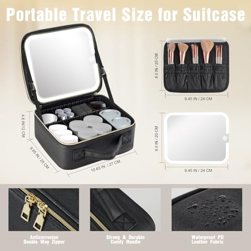 Junyaoxuan Large Travel Makeup Bag with LED Lighted Mirror, Removable & Adjustable Compartments, Black