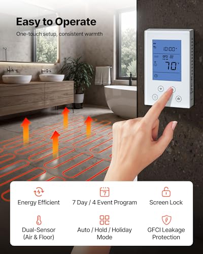 Self-Adhesive Mesh Floor Heating Mat 15 sqft 120V with Thermostat for Tile & Vinyl Flooring - Easy DIY Install
