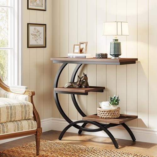 C-Shaped End Table - 3-Tier Rustic Brown Side Table for Living Room & Small Spaces - Set of 2 - Rustic Brown